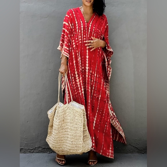 Red Tie Dye Hippie Boho Kaftan Long Loose Maxi Dress Bohemian V Neck Caftan New - Picture 5 of 13